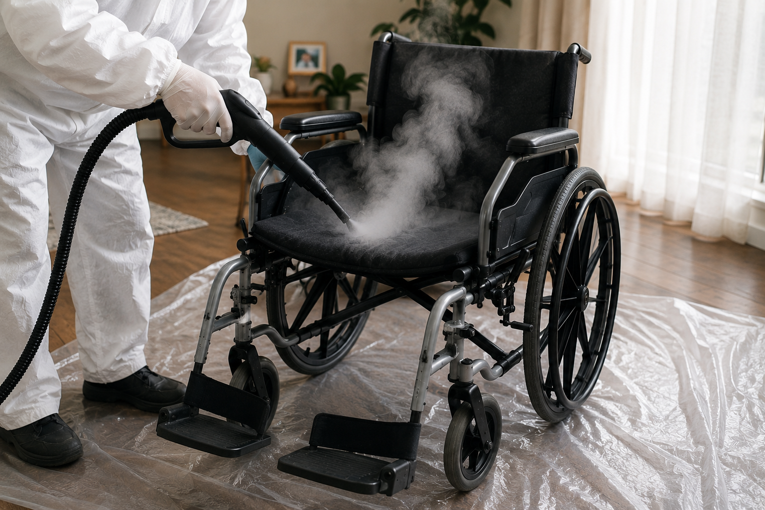 Before and after photos of a wheelchair deep cleaned and steam sanitized