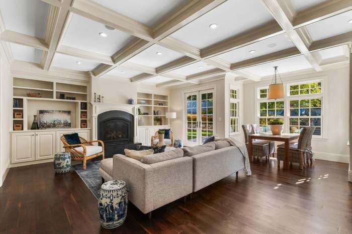 Family room and fireplace, detail dusted