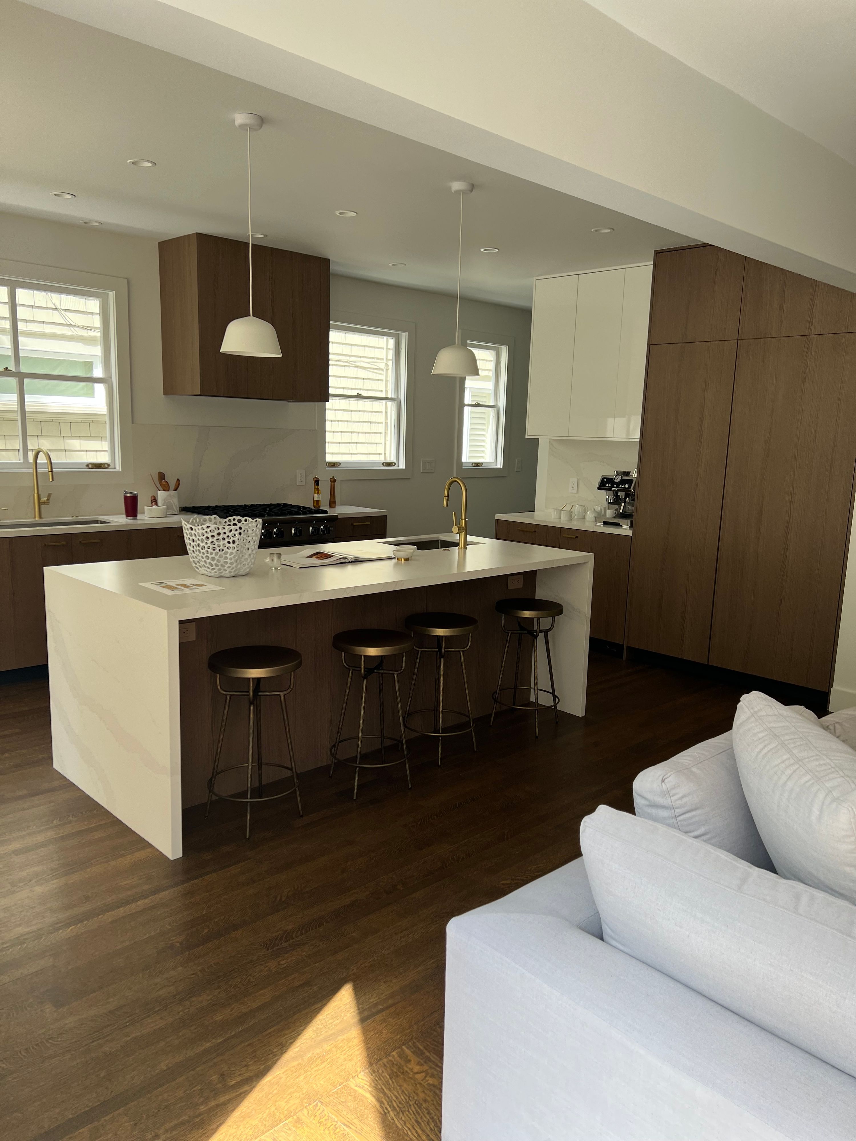 Kitchen island and counters, freshly cleaned