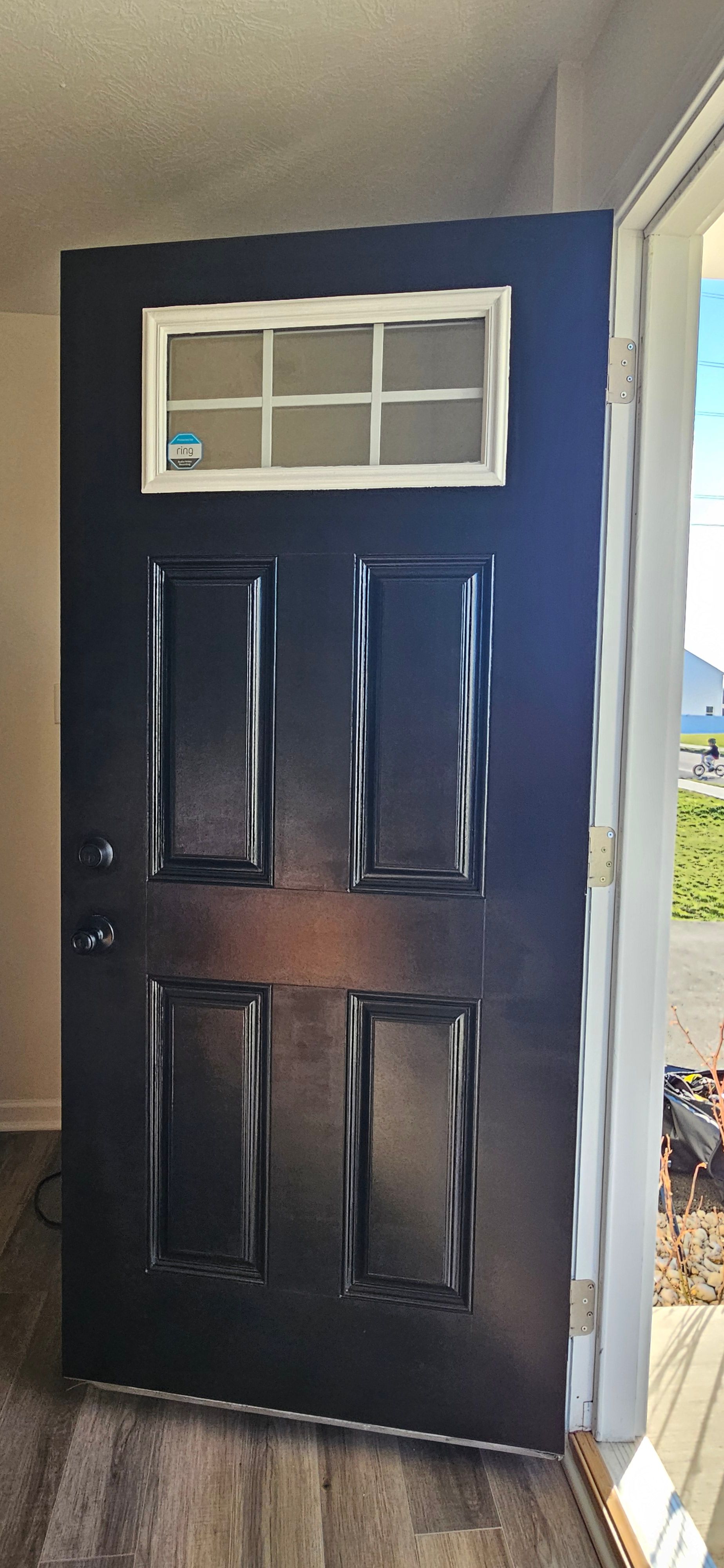 Interior side of the same entry door coated in navy blue, finished and open to daylight