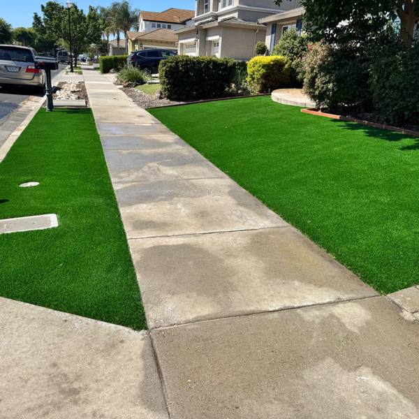 Front-yard artificial turf on both sides of a walkway