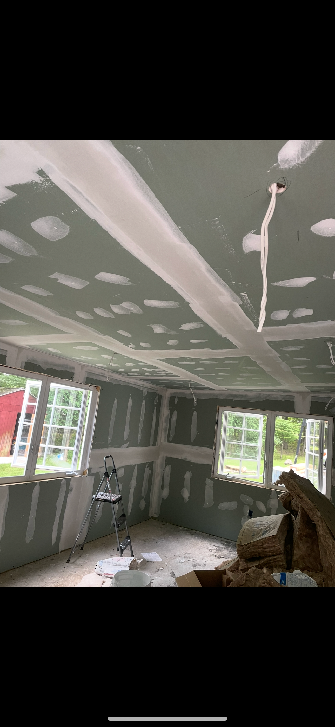 Drywall ceiling and walls taped and skimmed, ready for sanding and primer — FE Pro Painting