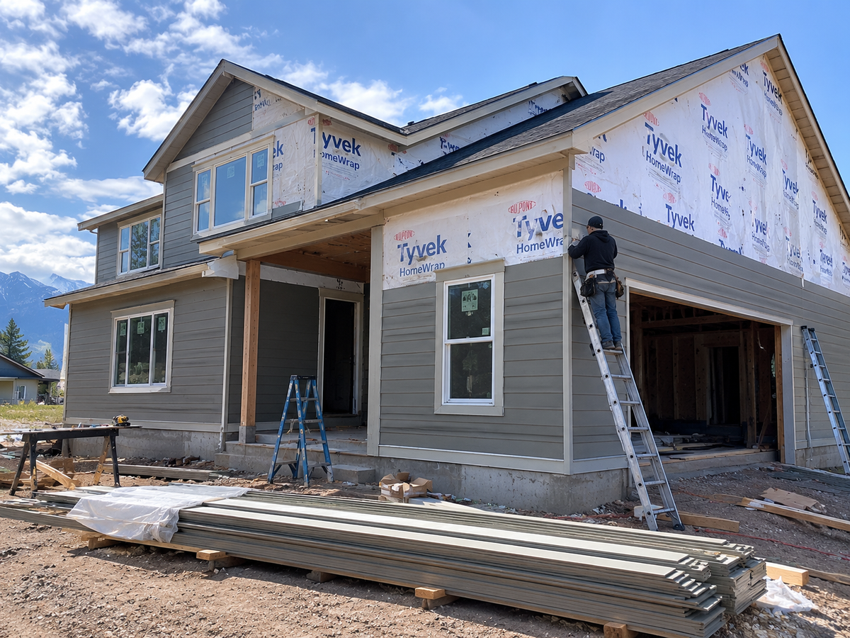 Ivans Construction crew installing siding on a new home in the Roaring Fork Valley