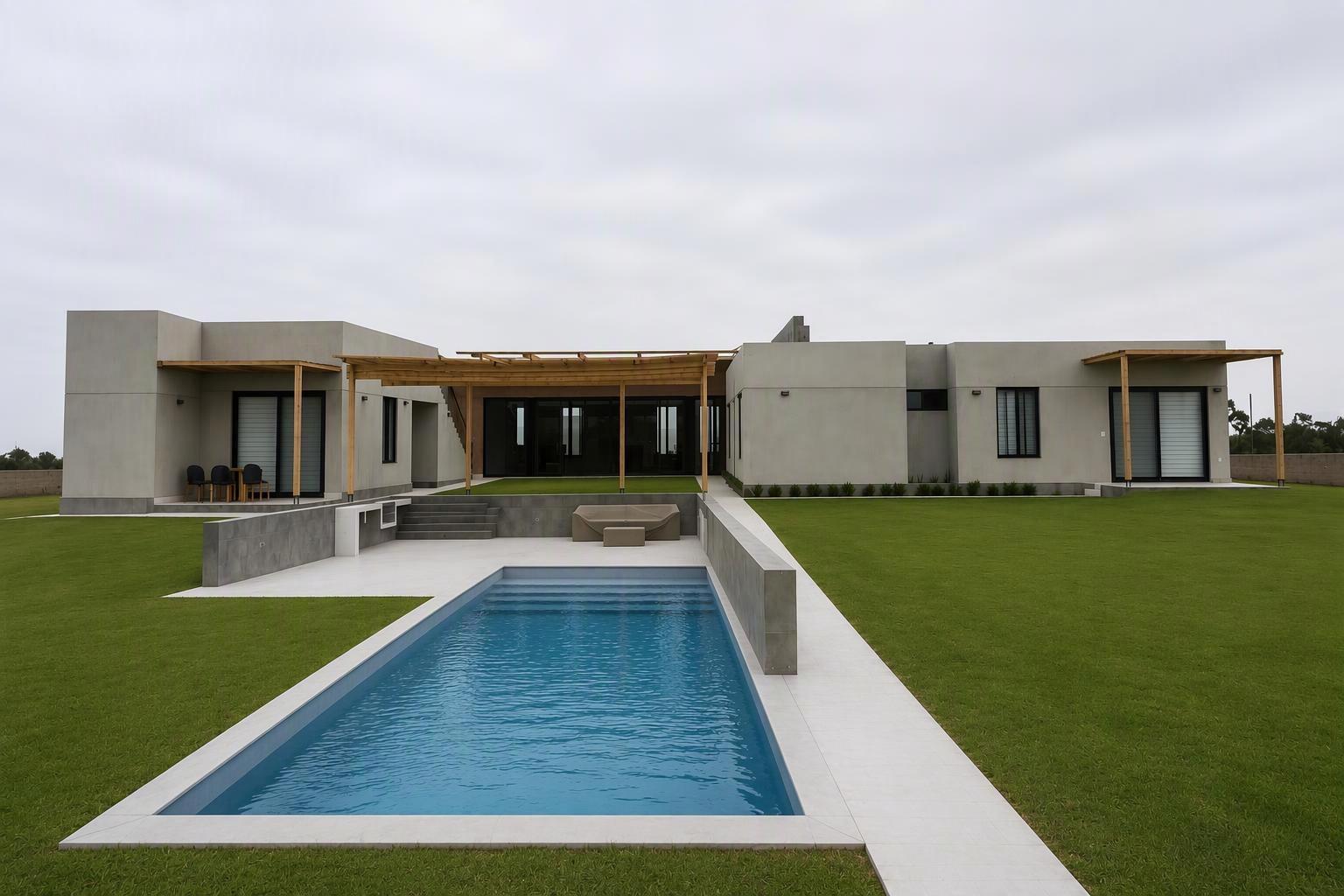 Modern single-story home with a new pool deck, pergolas, and landscaped lawn built by JCH Projects & Investments