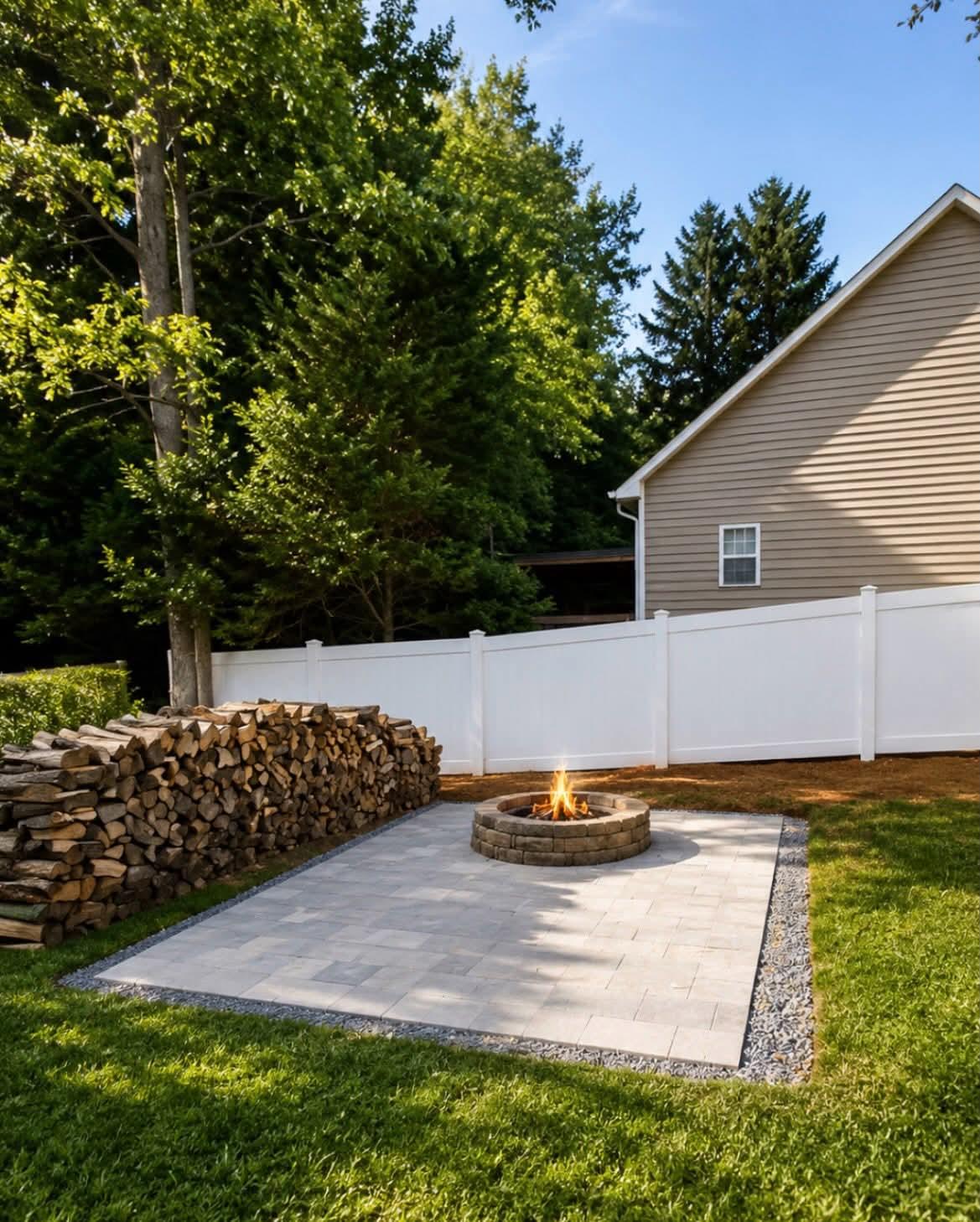 Paver patio with a stone fire pit and white vinyl privacy fence built by JPG Landwork