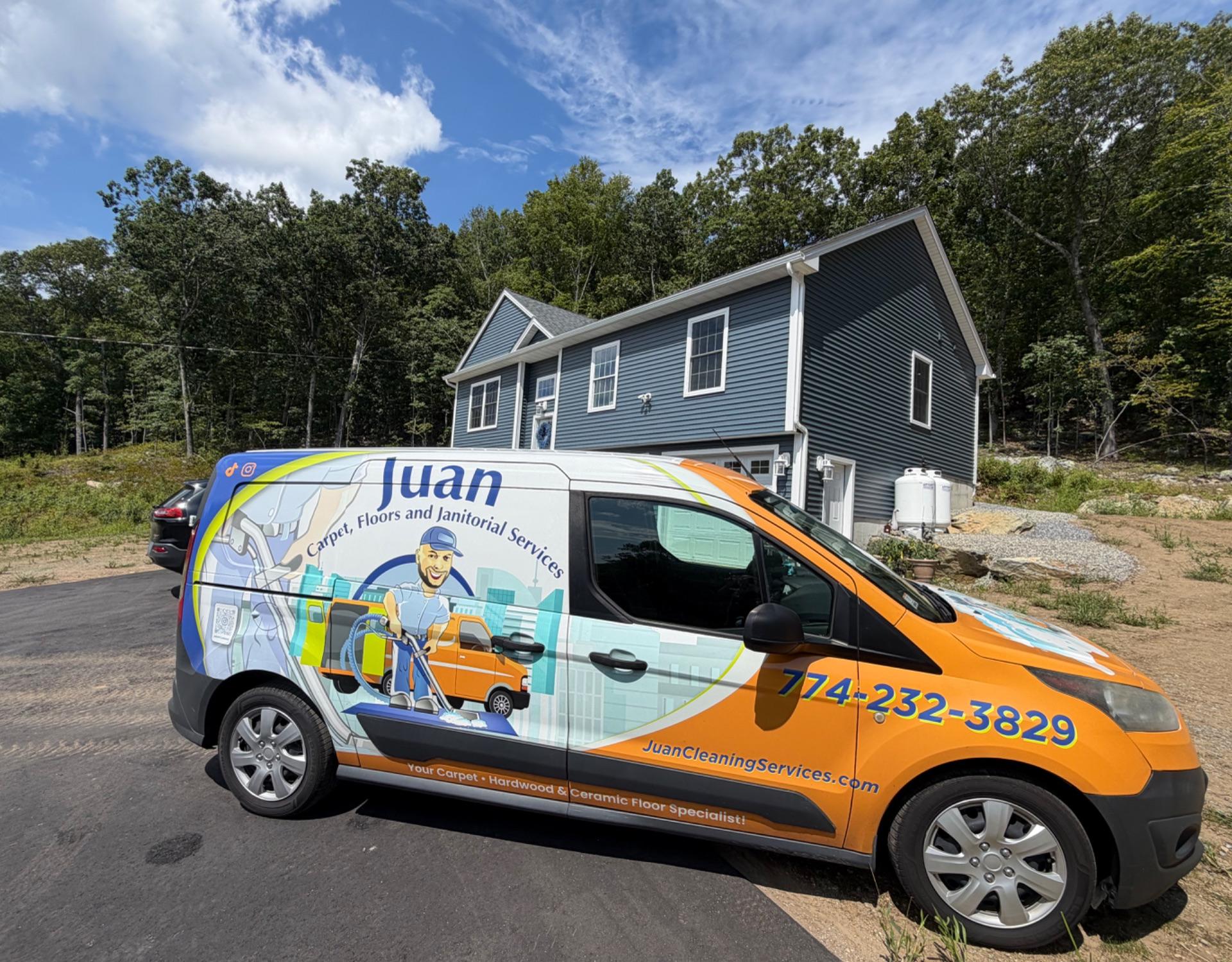 Juan Cleaning Services van parked at a client's home in Central Massachusetts