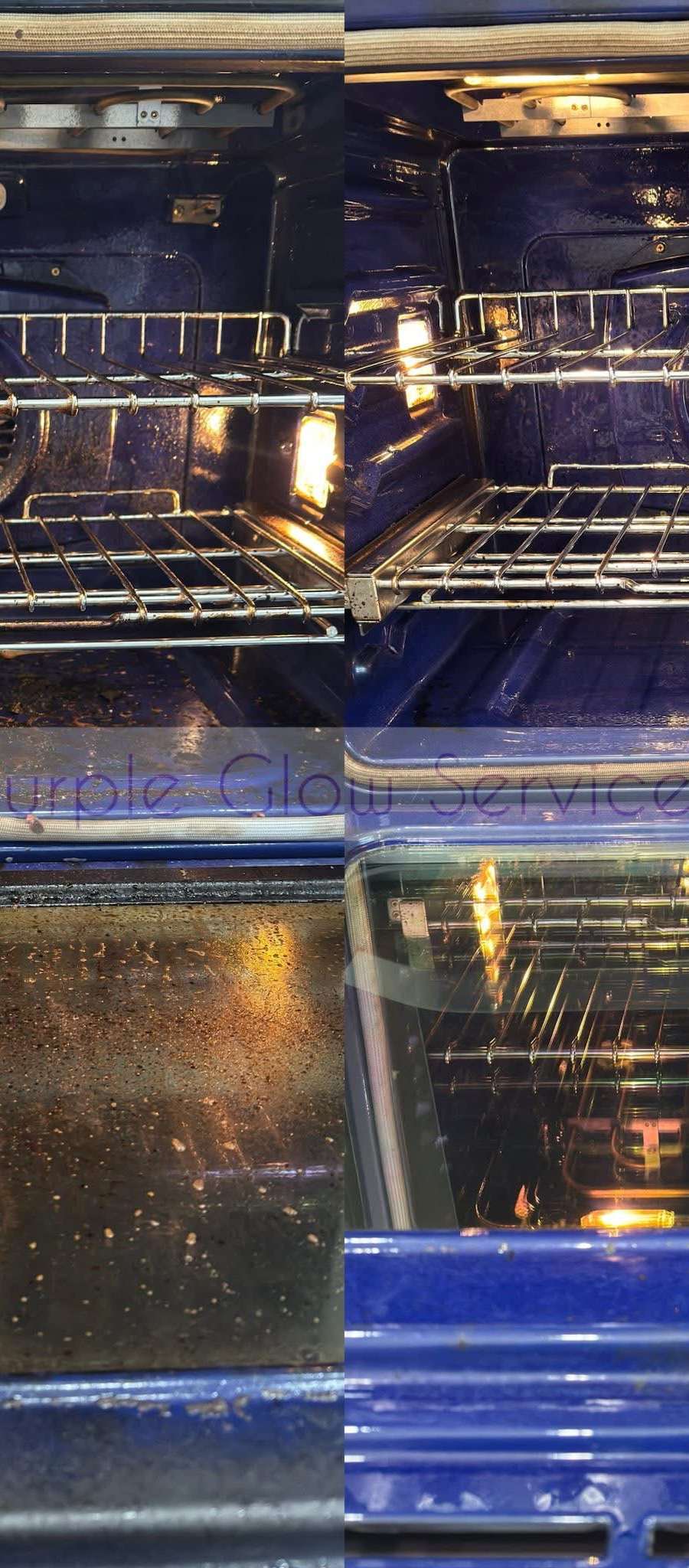 Before and after: a greasy oven interior restored to a spotless finish by Purple Glow Services in Middle Tennessee