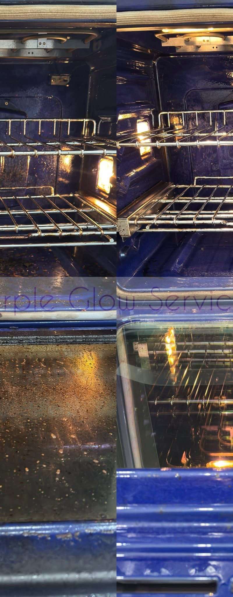 Before and after: a greasy oven interior restored to a spotless finish by Purple Glow Services in Middle Tennessee