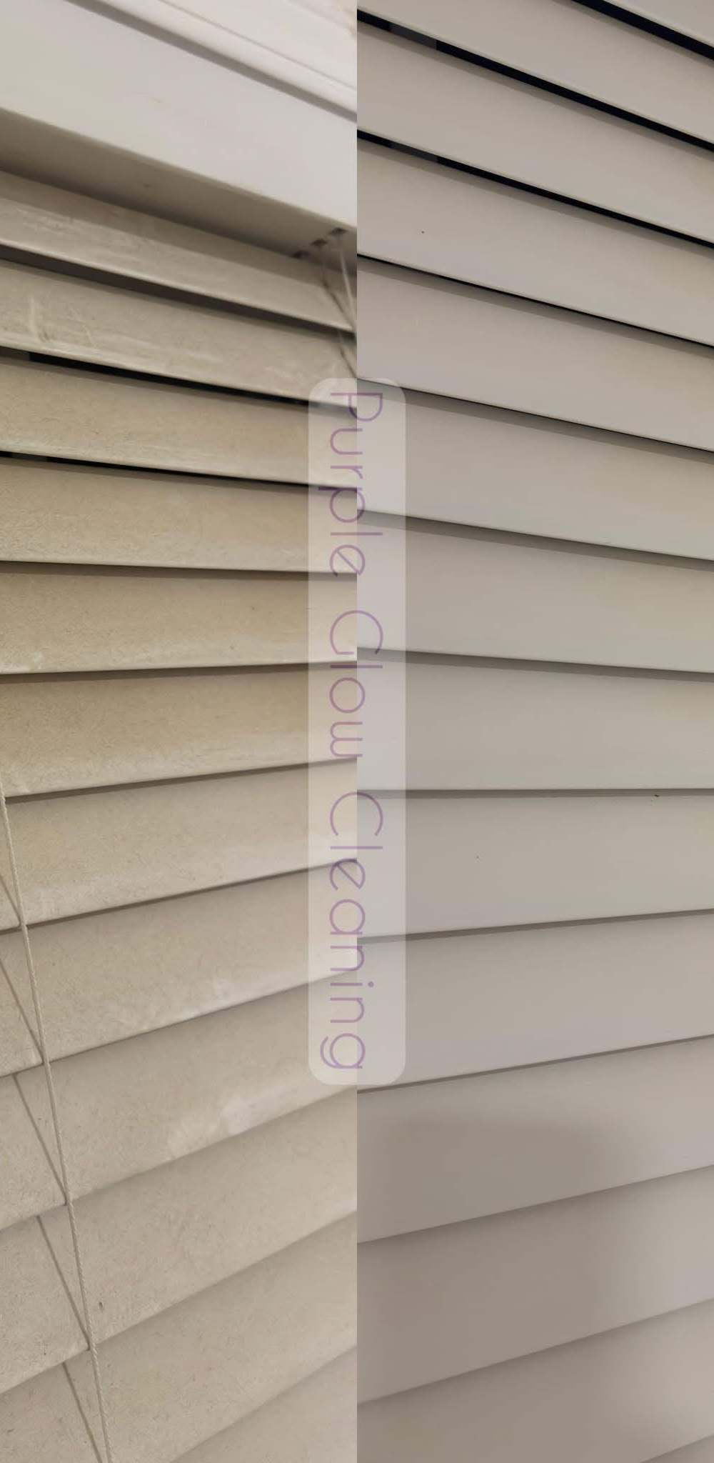 Before and after: dusty window blinds cleaned to a bright white by Purple Glow Services in Murfreesboro, TN