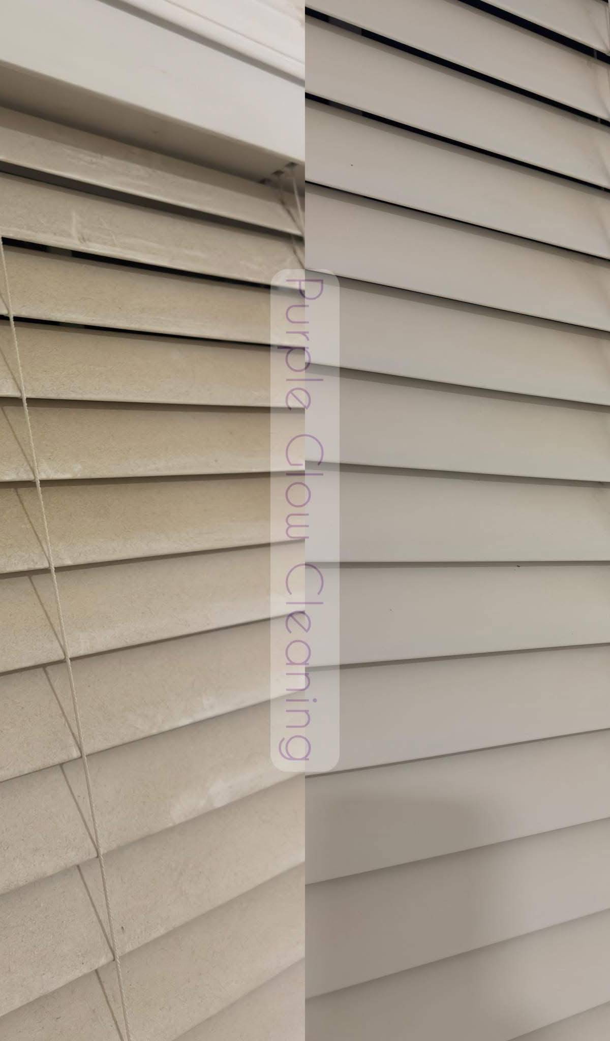 Before and after: dusty window blinds cleaned to a bright white by Purple Glow Services in Murfreesboro, TN