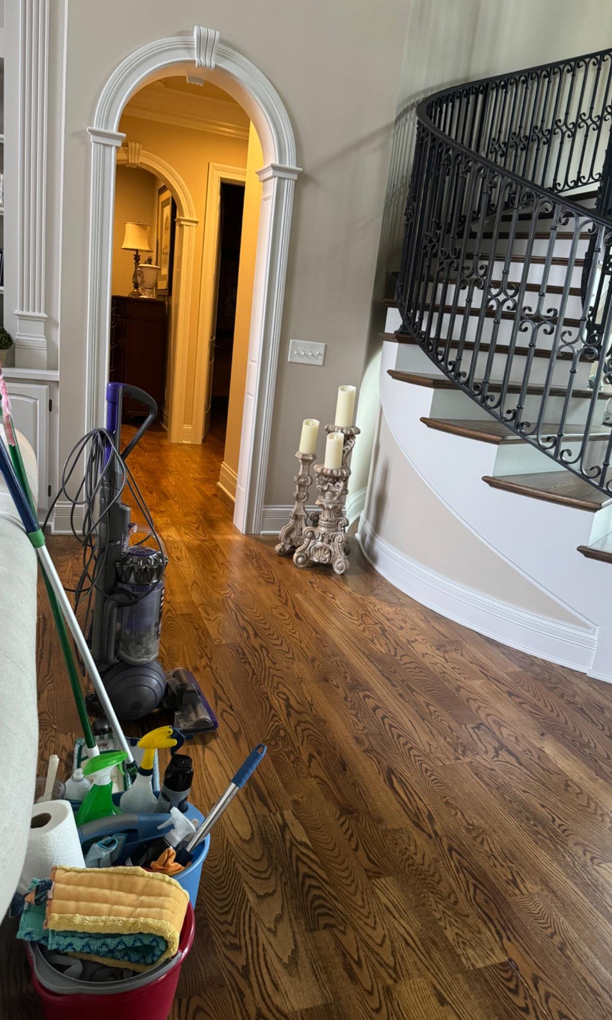 Tejeda Cleaning Service supplies ready in the entry hall of a Clarksville-area home