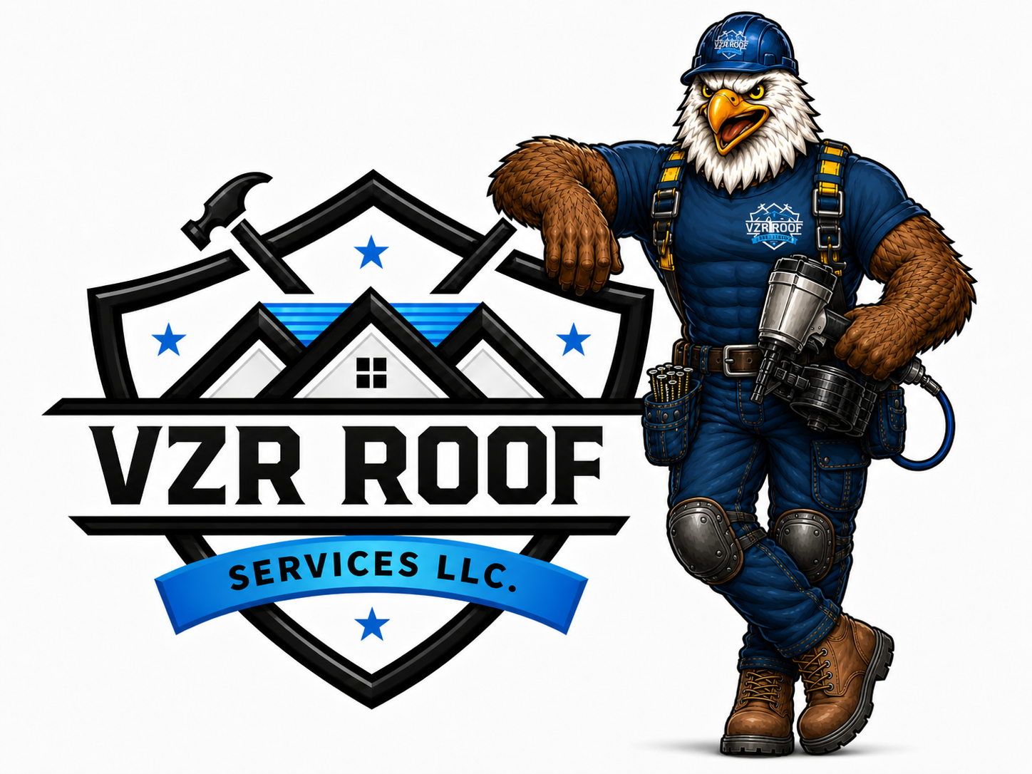 VZR Roof Services eagle mascot in work gear beside the company shield logo