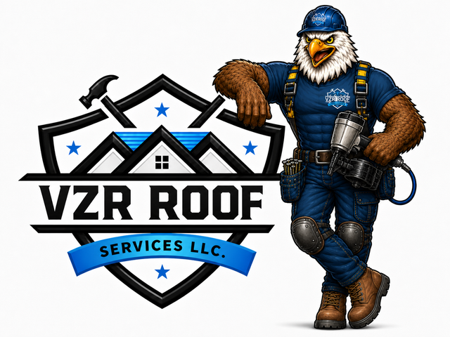 VZR Roof Services eagle mascot in work gear beside the company shield logo