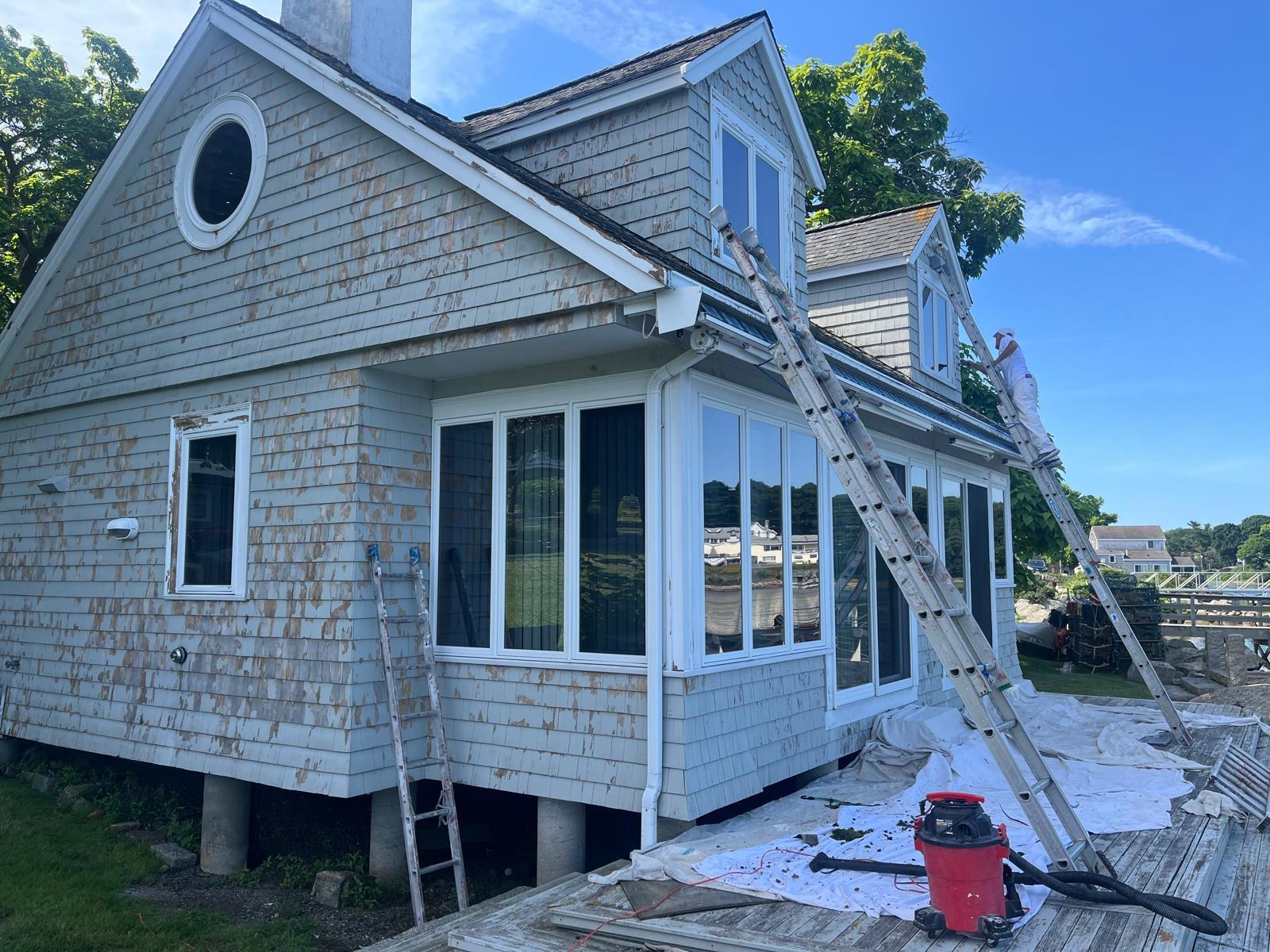 Shingle cape and sunroom, exterior repaint — before