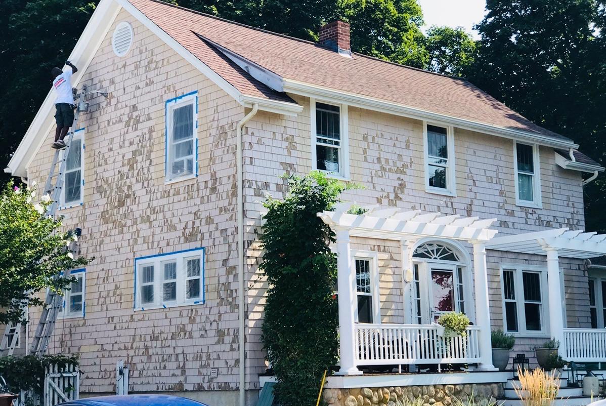 Cedar shingle colonial, full exterior repaint — before